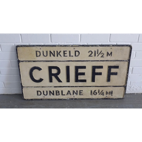 373 - Vintage cast iron road direction sign for  Dunkeld, Crieff, Dunblane, 92 x 52cm