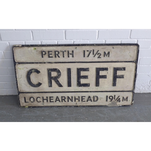 374 - Vintage cast iron road direction sign for  Perth, Crieff, Lochearnhead, 92 x 52cm