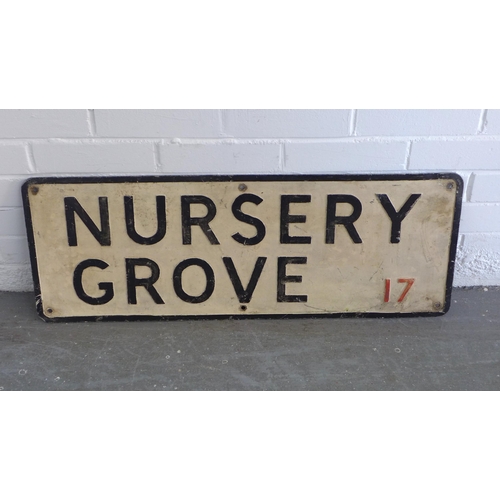 375 - Vintage metal road sign for Nursery Grove, 81 x 30cm