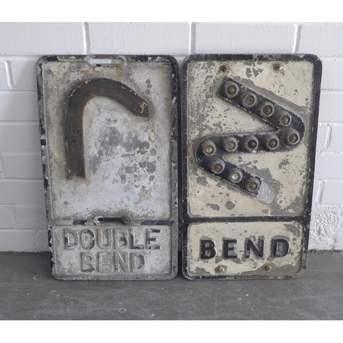 376 - Vintage metal road signs for 'Bend' and 'Double Bend', one with reflective glass inserts, 31 x 54cm ... 