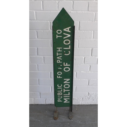 377 - Vintage green metal sign 'Public Footpath to Milton of Clova' 16 x 93cm