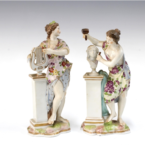 378 - Two Dresden porcelain Muse figures to include a  female sculptor and another of a musician with a ly... 