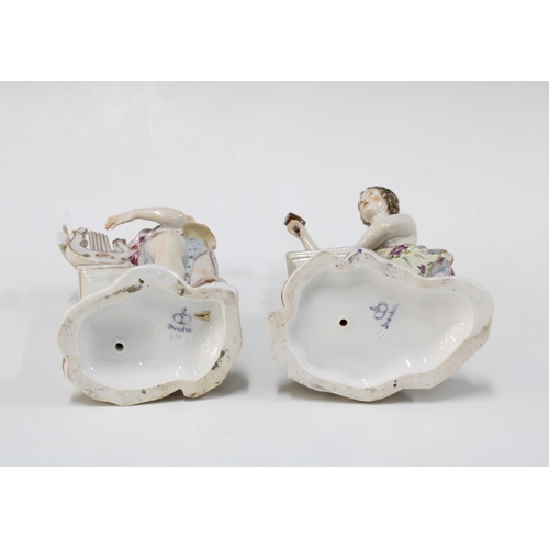 378 - Two Dresden porcelain Muse figures to include a  female sculptor and another of a musician with a ly... 