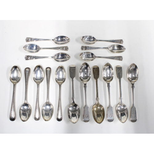 38 - Set of six George V silver teaspoons, a set of six Edwardian silver fiddle pattern teaspoons and a s... 