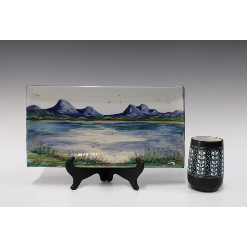 383 - Highland Stoneware handpainted pottery tray, 34 x 18cm, together with a small Ambleside vase (2)