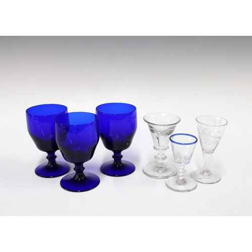 390 - Three Bristol blue glass goblets or rummers, 12cm, together with three small 19th century wine /ale ... 