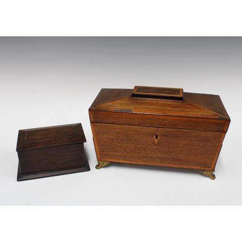 397 - Mahogany sarcophagus tea caddy, with fitted interior and lion head handles, 32 x 20cm, together with... 