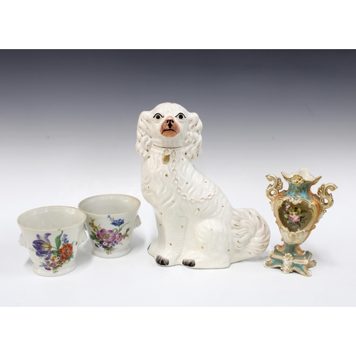 398 - A Staffordshire pottery Wally Dug, 32cm, together with two floral Halga porcelain cachepots and a va... 