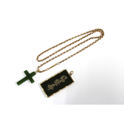 4 - 9ct gold chain with a green hardstone crucifix and a Chinese jadeite plaque with yellow metal callig... 