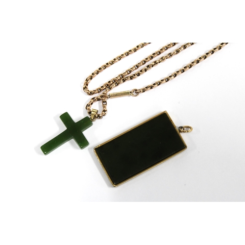 4 - 9ct gold chain with a green hardstone crucifix and a Chinese jadeite plaque with yellow metal callig... 