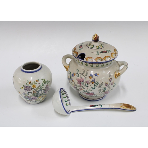 406 - Continental pottery tureen with ladle, 20cm, together with a vase (3)