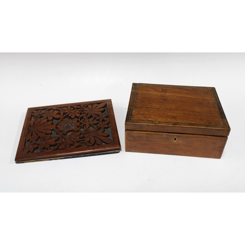 407 - Mahogany sewing box with contents, 26 x 11 x 21cm, together with a carved fruitwood blotter (2)