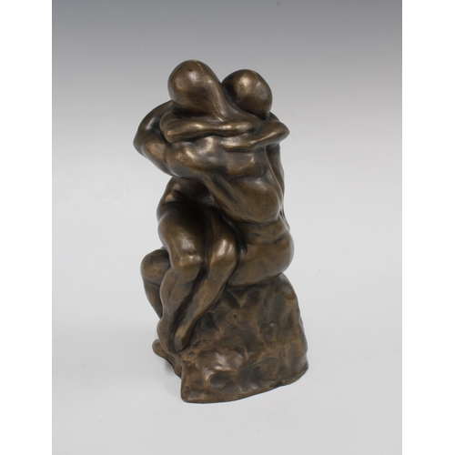 408 - Modern bronze patinated embracing figure group, after The Kiss, 25cm`