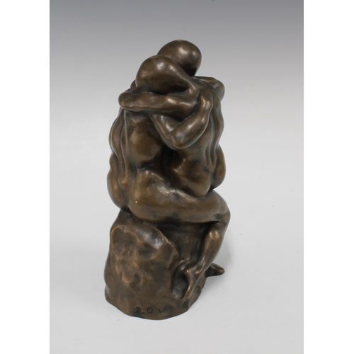 408 - Modern bronze patinated embracing figure group, after The Kiss, 25cm`