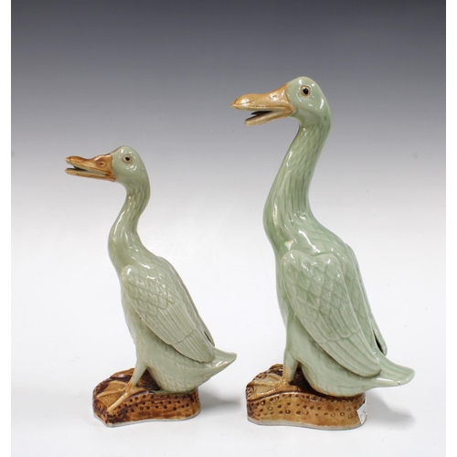 410 - Two Chinese celadon glazed ducks, taller 25cm