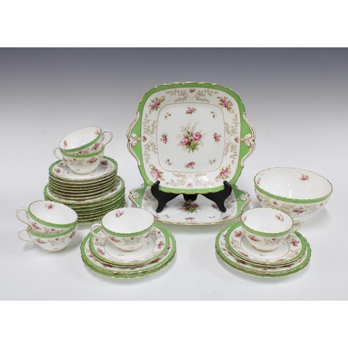 413 - Coalport teaset with pink roses and pale green borders,  (31)