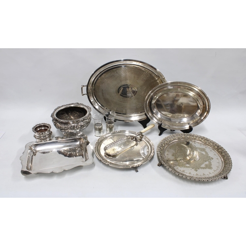 416 - Carton containing silver plate and Epns wares, including salvers, entree dish, two candle holders et... 