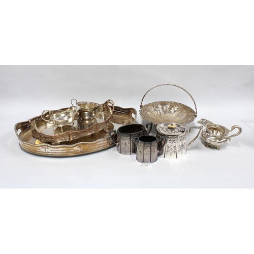 417 - A carton containing silver plate and Epns wares to include two trays, swing handled basket and tease... 