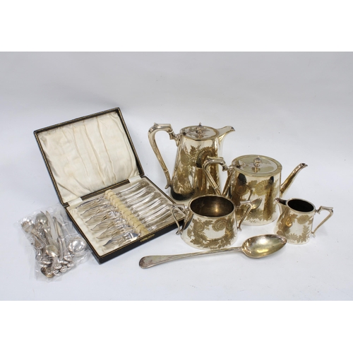 418 - Box containing a four piece EPNS tea and coffee set, cutlery and a serving spoon, etc