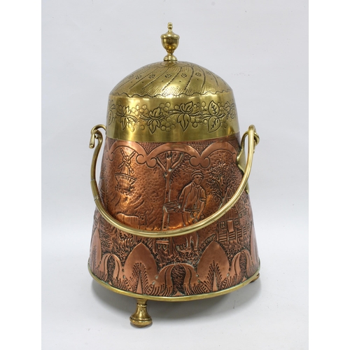 420 - Copper and brass coal scuttle with lift off cover and swing handle, 42cm