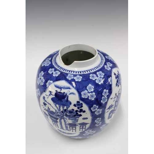 421 - Large Chinese blue and white jar and cover, with prunus ground and panels of precious objects, four ... 