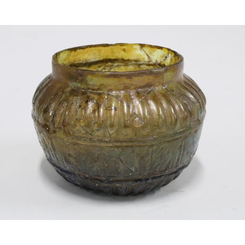 424 - Islamic glass bowl with inscription, circa 11th century, lobed form, extensively restored, 12cm diam... 