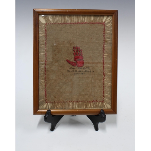 428 - North American weaving, with red stitched war hand, the textile panel with fringed border, framed un... 