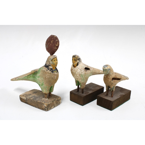 433 - Three Ancient Egyptian painted wooden Horus Birds, (late period CA 650 - 350 BC) tallest 16cm (3)