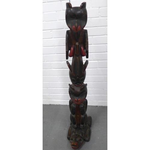 452 - North American , North West Coast carved & painted wooden totem pole, in two parts (2) overall heigh... 