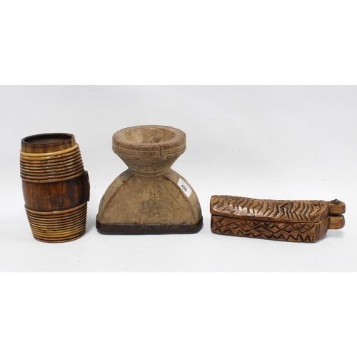 458 - Chip carved box with swivel lid, a banded coopered flask and another (3)