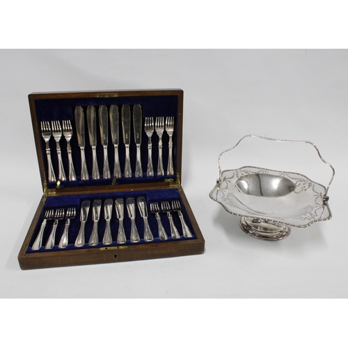 459 - Canteen with set of twelve Epns fish knives and forks and an Epns swing handled basket (2)