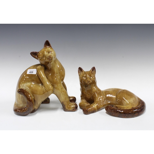 468 - Two pottery cat figures with streaked glaze, taller 27cm (2)