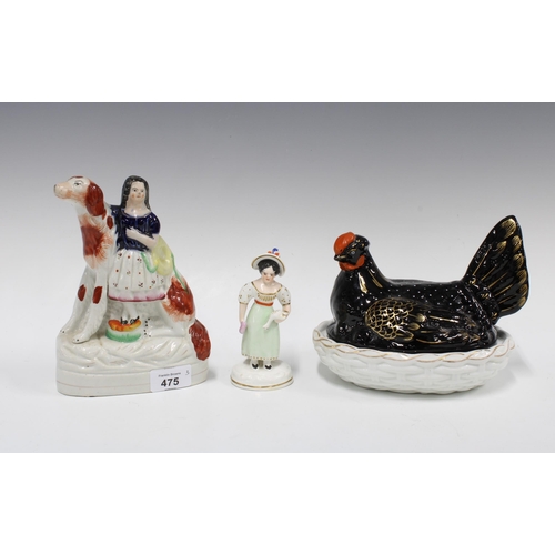 475 - Staffordshire large dog and girl flatback, a black hen on nest an a small  figure of a girl, (3) 19c... 