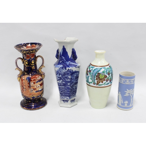 480 - Four various vases to include Wedgwood Jasper, opaque glass, ironstone and a Chinese blue and white ... 