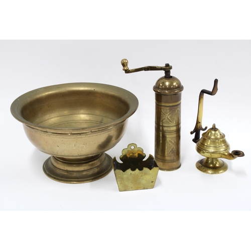 489 - Brass herb or coffee grinder, brass lamp and brass match pot together with cast punch bowl, 21cm dia... 