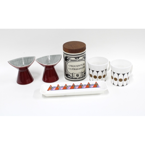 493 - A pair of Rorstrand pottery candlesticks, a Poole dish, two coffee cans and unguentum storage jar