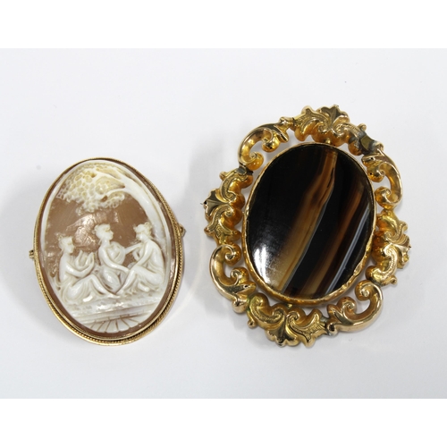 5 - 9ct gold framed Cameo brooch, Birmingham 1979 and an earlier brooch with revolving agate panel, (2)