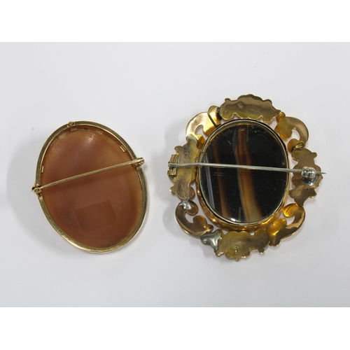 5 - 9ct gold framed Cameo brooch, Birmingham 1979 and an earlier brooch with revolving agate panel, (2)