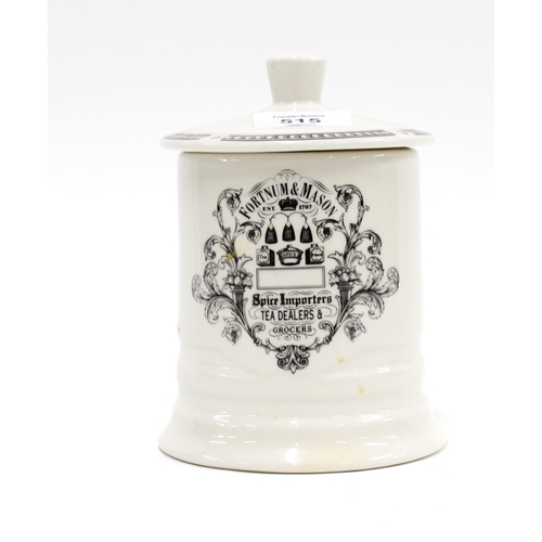 515 - Fortnum & Mason pottery advertising jar and cover, 15cm