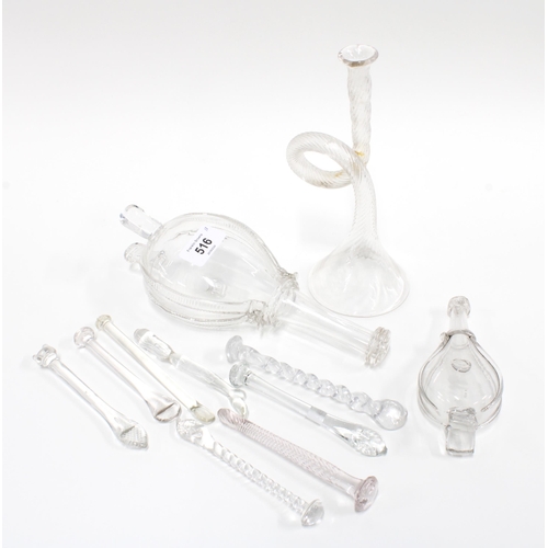 516 - Two End of Day glass friggers in the form of bellows, a spiral glass funnel and eight glass sugar cr... 