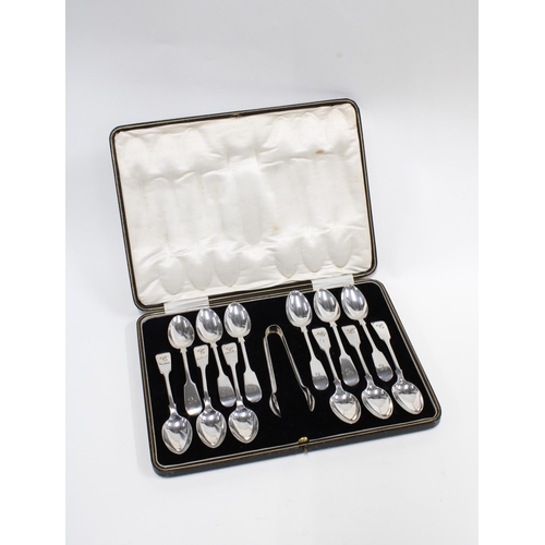 64 - Victorian cased set of twelve silver teaspoons with matching sugar tongs, Sheffield 1894