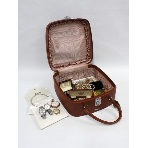 72 - Vanity case containing a collection of vintage and later costume jewellery, pocket watches, etc (a l... 