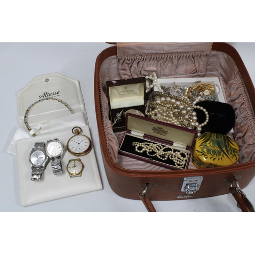 72 - Vanity case containing a collection of vintage and later costume jewellery, pocket watches, etc (a l... 