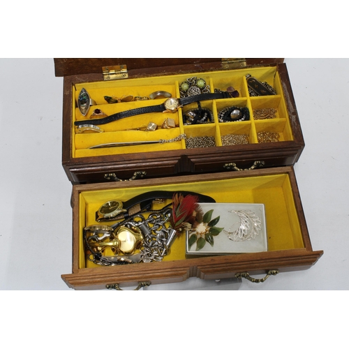 73 - Vintage 18ct gold cased ladies wristwatch and a a collection of costume jewellery in a wooden box (a... 