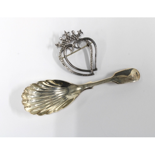 76 - Silver fiddle pattern caddy spoon , Ian Grinton Smith, Edinburgh 2005 and stamped MULL together with... 