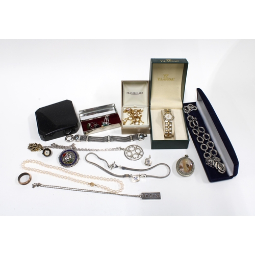 8 - A collection of silver and costume jewellery to include an enamelled George III silver crown brooch,... 