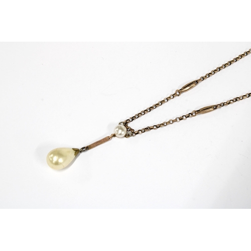 84 - 9ct gold chain with faux pearl drop and a small git metal and glass jewel box (2)