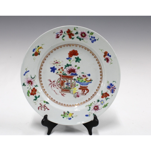 88 - 18th century Chinese plate, famille rose decoration of baskets of flowers on stands, 23cm diameter