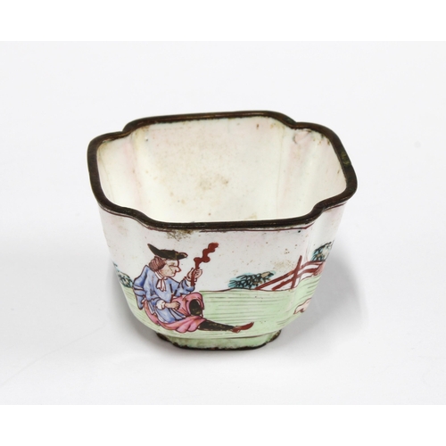 89 - 18th century Canton enamel wine cup with European subject decoration, 3 x 4.5cm