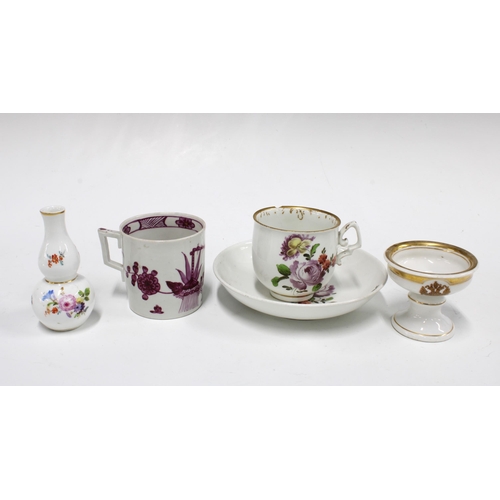 92 - 19th century Armorial salt cellar, Meissen small floral vase, a Vienna cup  and a saucer (chips to r... 